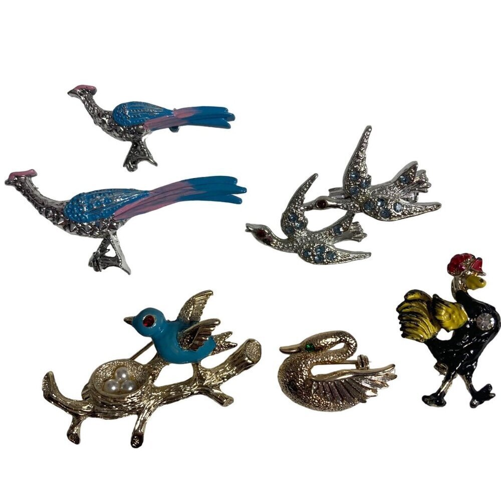 Vintage Bird Brooch Lot Enamel Rhinestones Bluebird Roadrunner Swan Rooster 6 Pc